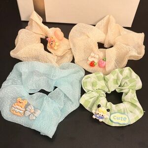 Cute Kids Hair Scrunchies Set - Cream, Blue, Green